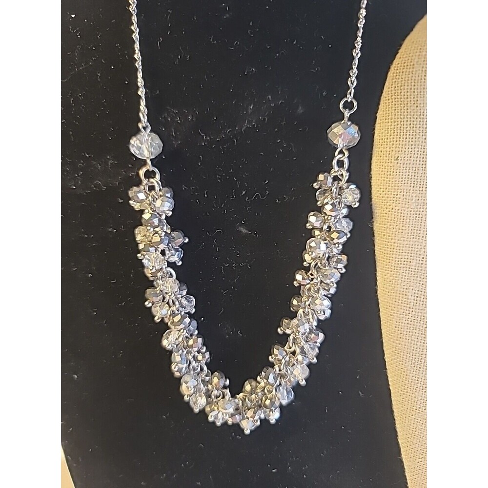 Vintage BT JEWELED Silvertone Gray & Black Crystal 10" Necklace
